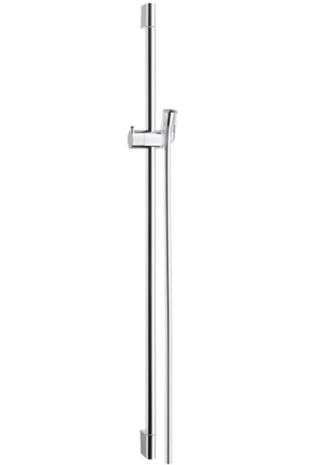 Brausestange aus verchromtem Metall mit Halterung zur Fixierung an der Wand und einem flexiblen Brauseschlauch. Produkt von Hansgrohe.